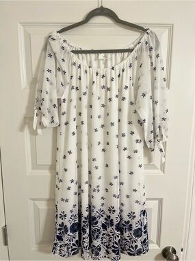 Siren Lily White Midi Dress with Navy Floral Border